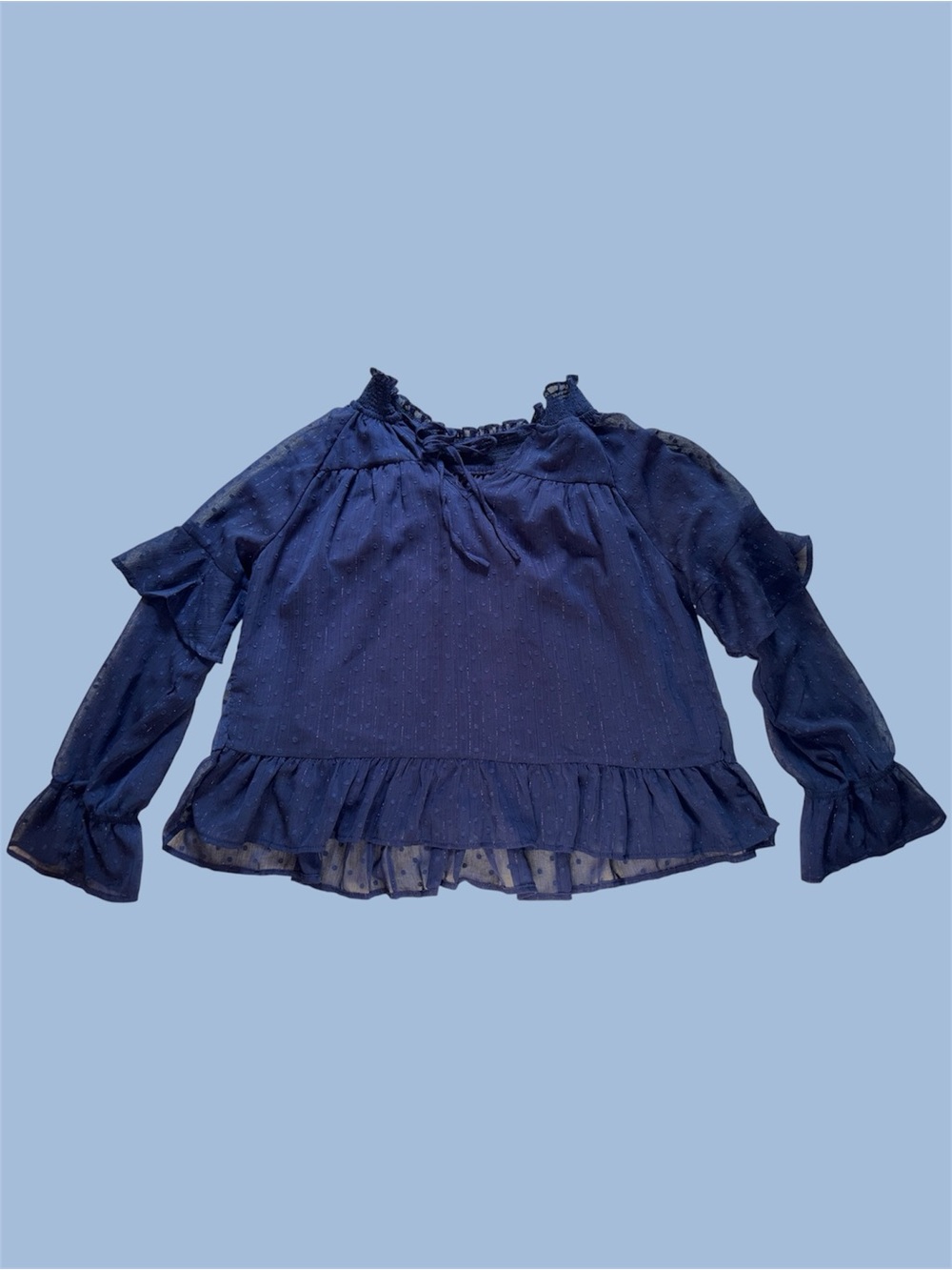 Dark Blue Ruffled Peasant Tiered Sleeve Blouse